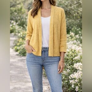J. Jill Mustard Yellow Textured Knit Open Front Cardigan Women’s L
